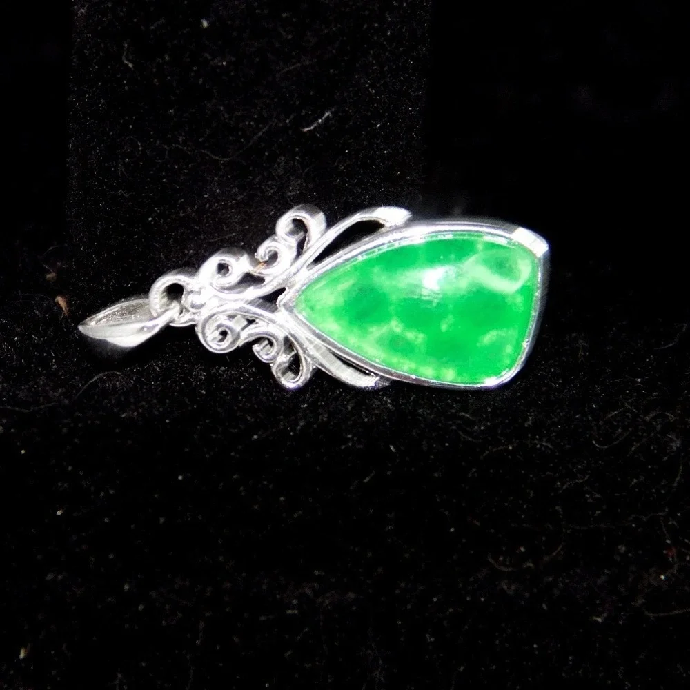925 Thai Sterling Silver Green Jade‎ Teardrop Scrollwork Pendant Honeycomb Back